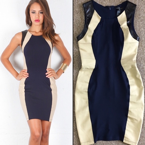 🔥$450 DAVID LERNER seen 🔛 ⭐️KENDALL-J, Leather Trim Colorblock Sheath Dress - Picture 1 of 8